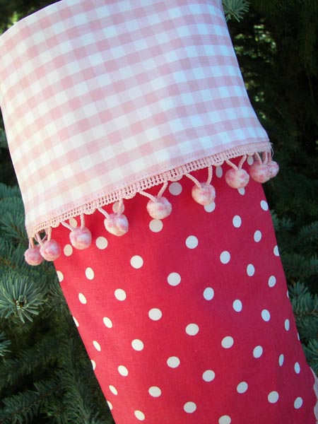 Pink Polka Dot Christmas Stocking close up